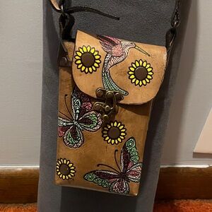 Brown Butterfly and Hummingbird Leather Crossbody Bag
